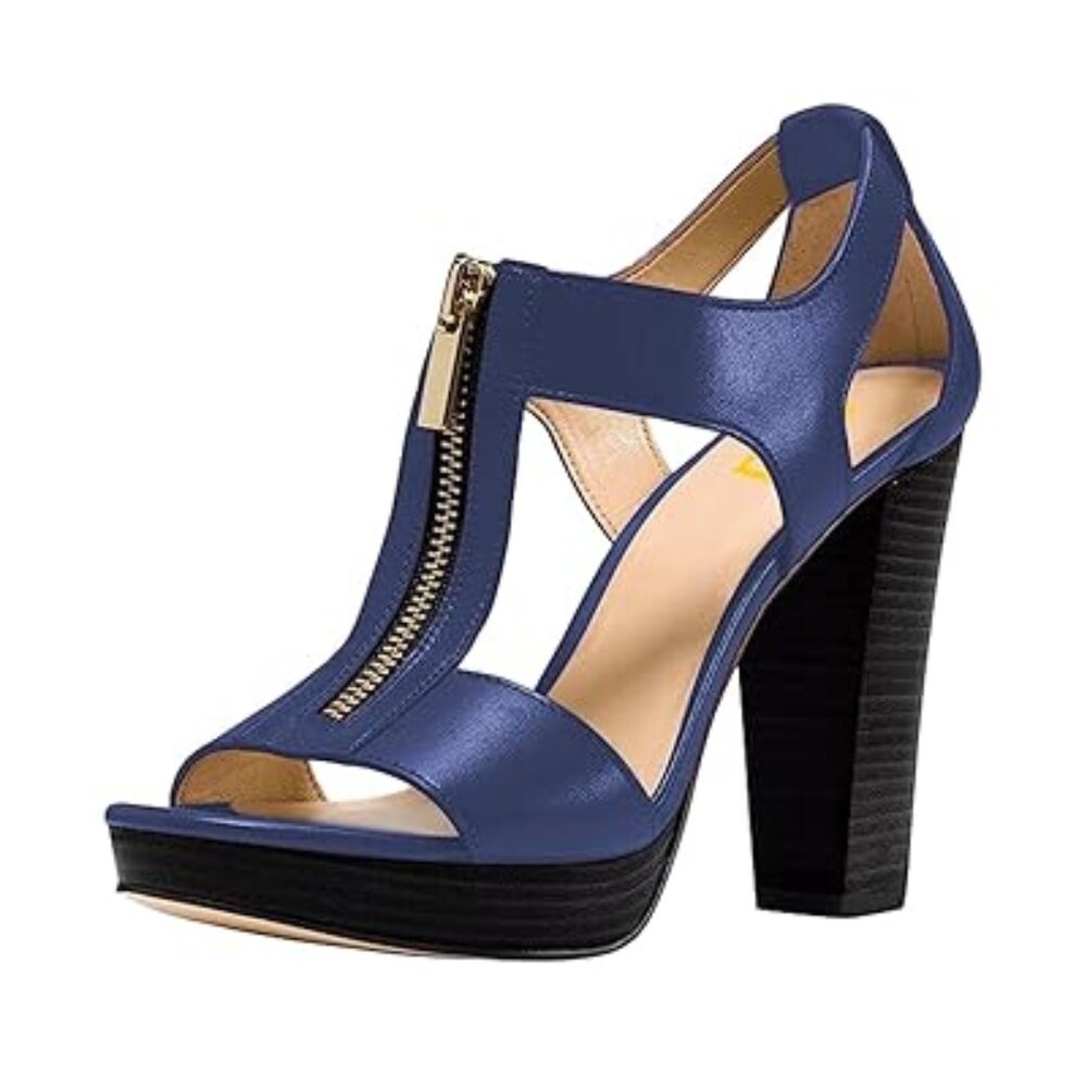 FSJ Blue Peep Open Toe T-Strap Front Zipper Chunky Stacked Heel Sandals Shoes